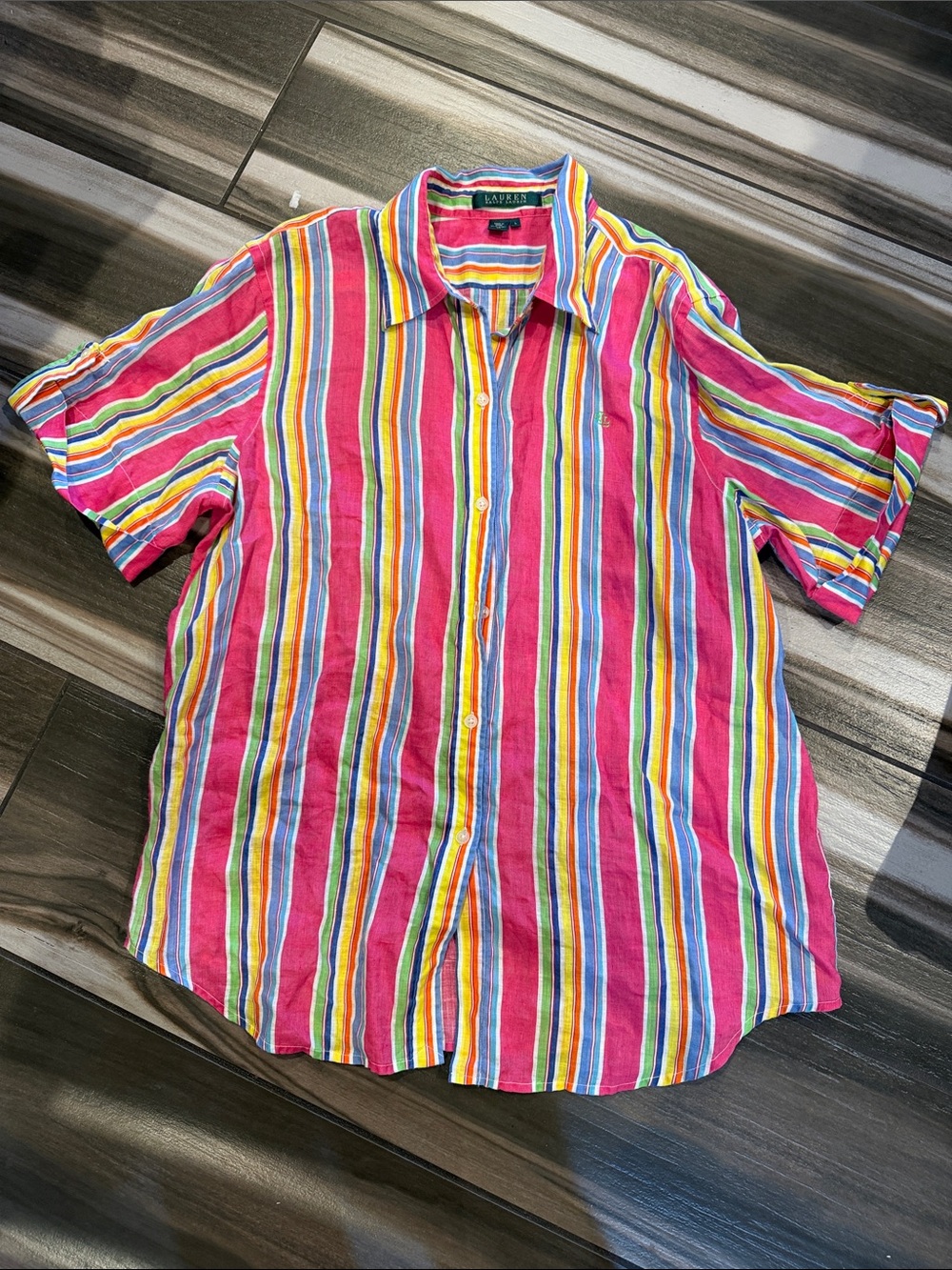 Ralph Lauren Multi-Stripe Short Sleeve Button-Down Shirt - Pink, Yellow, Blue